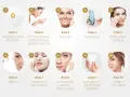 10 kroków koreańskiej pielęgnacji twarzy: od oczyszczania olejkiem i wodą, przez peeling, tonizację, esencję, serum, maskę, po krem pod oczy, nawilżający i z filtrem.