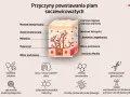 Schemat przedstawia budowę skóry i przyczyny powstawania plam soczewicowatych, takich jak niedobór witamin, zmiany hormonalne czy ekspozycja na promienie UV.