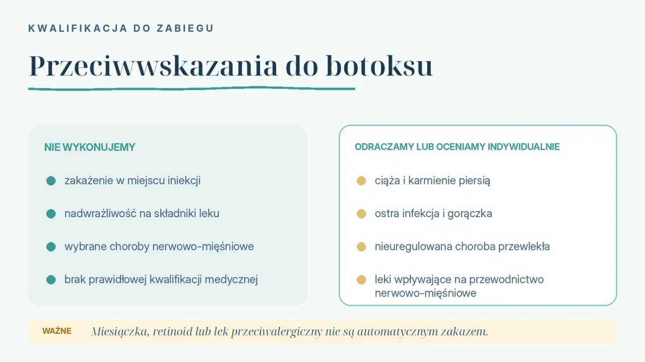 Przeciwwskazania do botoksu: infekcje, nadwrażliwość, choroby nerwowo-mięśniowe, ciąża, ostra infekcja, leki wpływające na przewodnictwo nerwowo-mięśniowe.