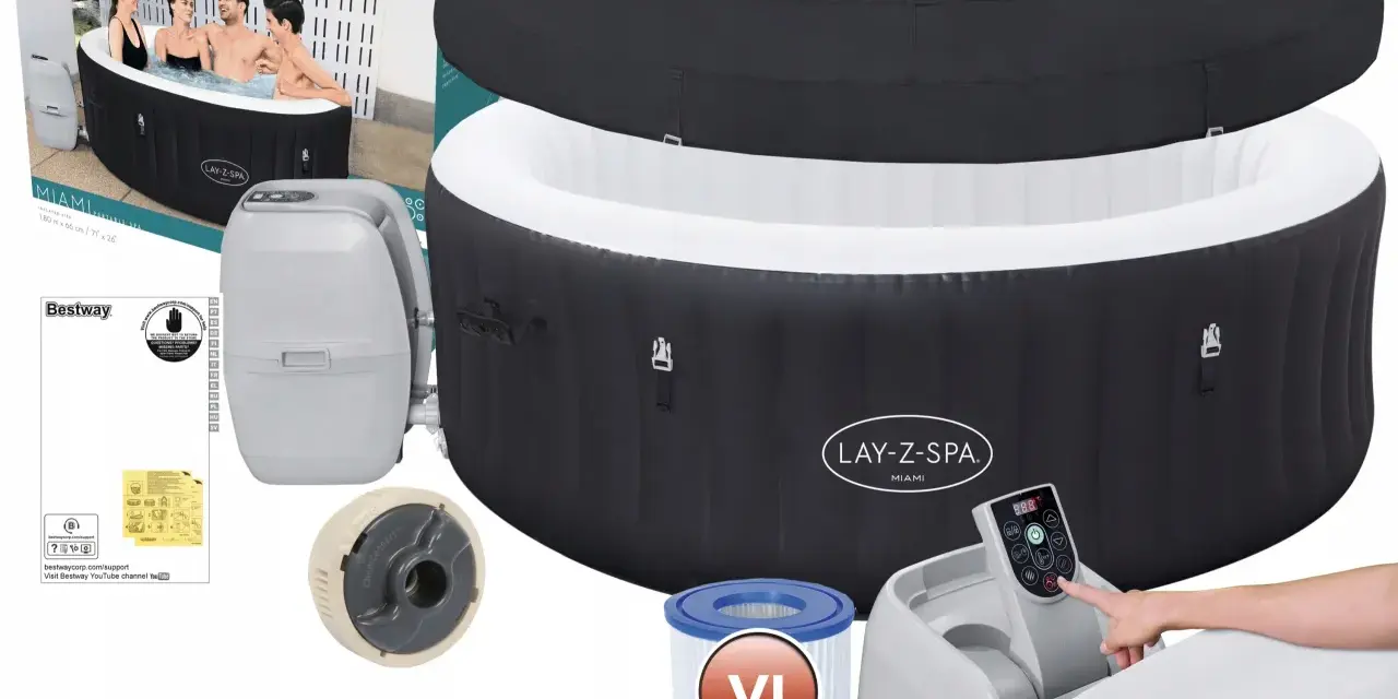 Nadmuchiwana wanna Lay-Z-Spa Miami z akcesoriami: pompą, filtrem i pokrywą.