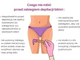 Ilustracja pokazuje przygotowanie do depilacji bikini. Unikaj kosmetyków, opalania i basenu przed zabiegiem.