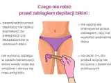 Ilustracja pokazuje przygotowanie do depilacji bikini. Unikaj kosmetyków, opalania i basenu przed zabiegiem. Pamiętaj, że bikini glebokie a płytkie wymaga podobnych przygotowań.