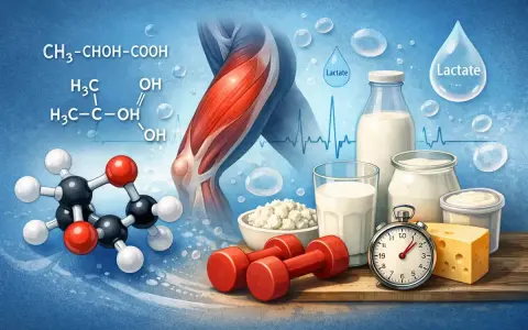 Mięśnie, wzory chemiczne kwasu mlekowego i produkty mleczne. Ćwiczenia i dieta wpływają na poziom mleczanu.