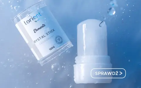 Dezodorant Lorient Crystal Stick, naturalny ałun co to? Przezroczysty sztyft w opakowaniu, otoczony kroplami wody.