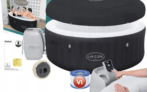 Nadmuchiwana wanna Lay-Z-Spa Miami z akcesoriami: pompą, filtrem i pokrywą.