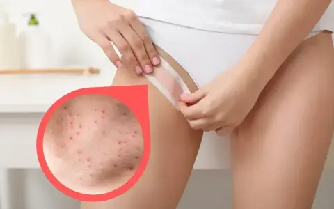 Zbliżenie na skórę z widocznymi krostkami po goleniu. Kobieta poprawia bieliznę, ukazując problem.