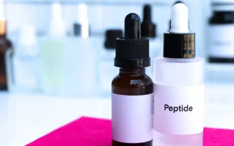 Dwie buteleczki z pipetkami, jedna z napisem "Peptide". W tle laboratoryjne szkło.