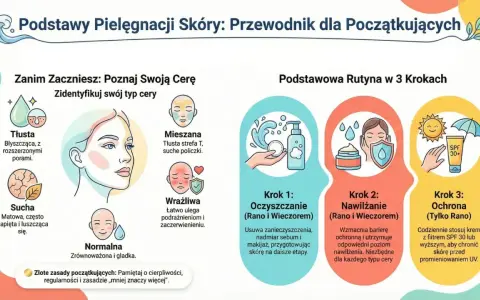 Ilustracja przedstawia podstawy pielęgnacji skóry, typy cery (tłusta, sucha, mieszana, wrażliwa, normalna) i rutynę w 3 krokach: oczyszczanie, nawilżanie i ochrona.