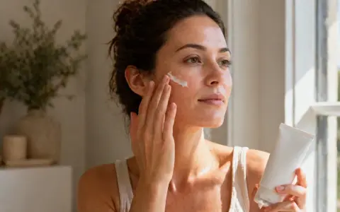 Kobieta aplikuje krem na twarz, zastanawiając się, retinol co to jest i jak działa na skórę.