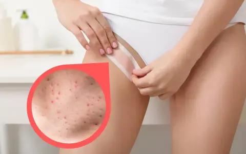 Zbliżenie na skórę z krostami po goleniu bikini. Dowiedz się, co na krosty po goleniu bikini pomoże.