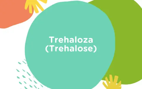 Kolorowe kształty na białym tle. Na turkusowym okręgu widnieje napis "Trehaloza (Trehalose)".