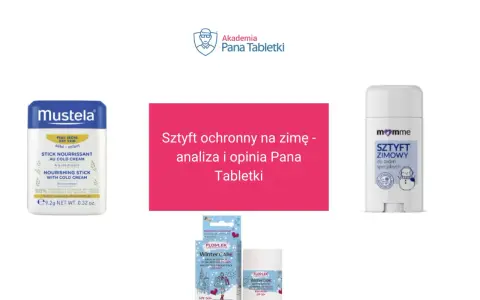 Trzy kosmetyki w formie sztyftu: Mustela, Momme i Flos-lek Winter Care, do ochrony skóry zimą.