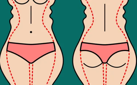 Ilustracja pokazuje sylwetkę przed i po zabiegu liposukcji ud. Czerwone linie zaznaczają obszary do modelowania.