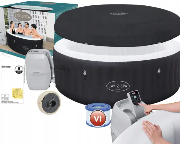 Nadmuchiwana wanna Lay-Z-Spa Miami z akcesoriami: pompą, filtrem i pokrywą.