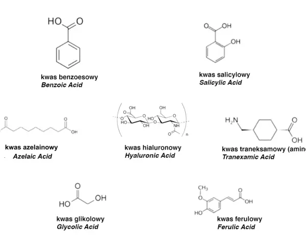 Struktury chemiczne: kwas benzoesowy, kwas salicylowy, kwas azelainowy, kwas hialuronowy, kwas traneksamowy, kwas glikolowy i kwas ferulowy.