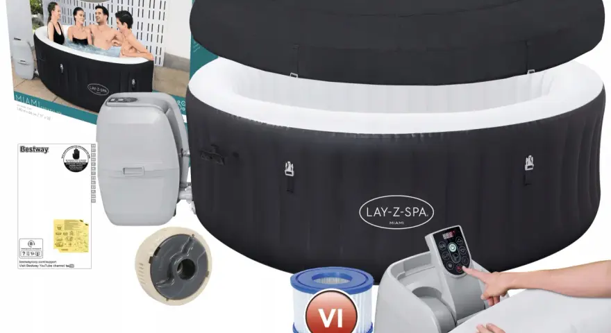 Nadmuchiwana wanna Lay-Z-Spa Miami z akcesoriami: pompą, filtrem i pokrywą.
