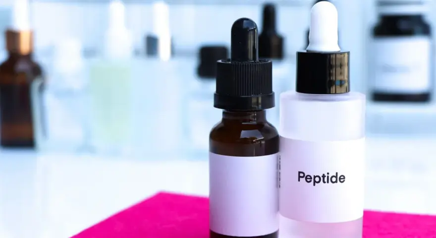 Dwie buteleczki z pipetkami, jedna z napisem "Peptide". W tle laboratoryjne szkło.