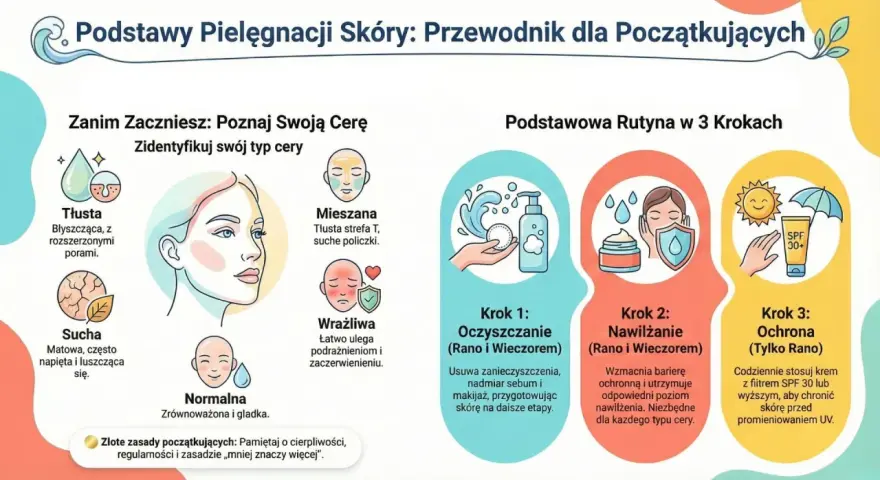 Ilustracja przedstawia podstawy pielęgnacji skóry, typy cery (tłusta, sucha, mieszana, wrażliwa, normalna) i rutynę w 3 krokach: oczyszczanie, nawilżanie i ochrona.