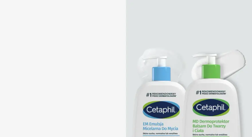 Dwa produkty Cetaphil: emulsja micelarna i balsam do twarzy i ciała, rekomendowane przez dermatologów.