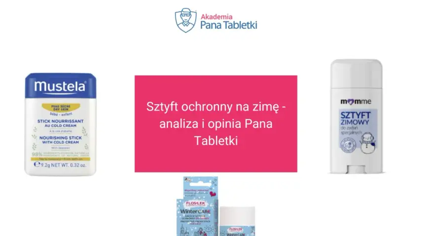 Trzy kosmetyki w formie sztyftu: Mustela, Momme i Flos-lek Winter Care, do ochrony skóry zimą.