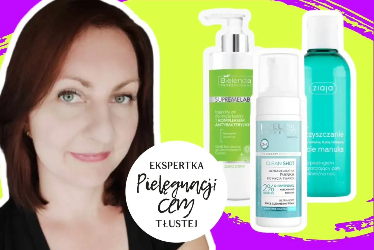 Ekspertka od pielęgnacji cery tłustej prezentuje kosmetyki do walki z nadmiarem sebum: żel, piankę i płyn micelarny.