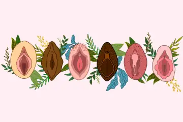 Ilustracja przedstawia siedem różnych warg sromowych, otoczonych liśćmi i gałązkami. Wargi sromowe są w różnych odcieniach skóry i kształtach, symbolizując różnorodność. Niektóre mają delikatne włoski, inne są gładkie. Wizerunki te podkreślają naturaln...